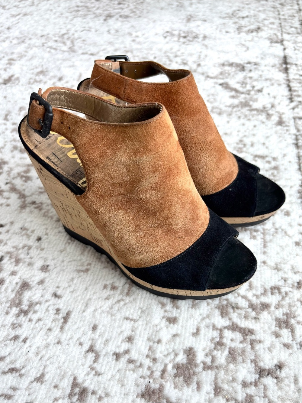 Sam Edelman Two Tone Suede Leather Peep Toe Wedge Sandal Heels